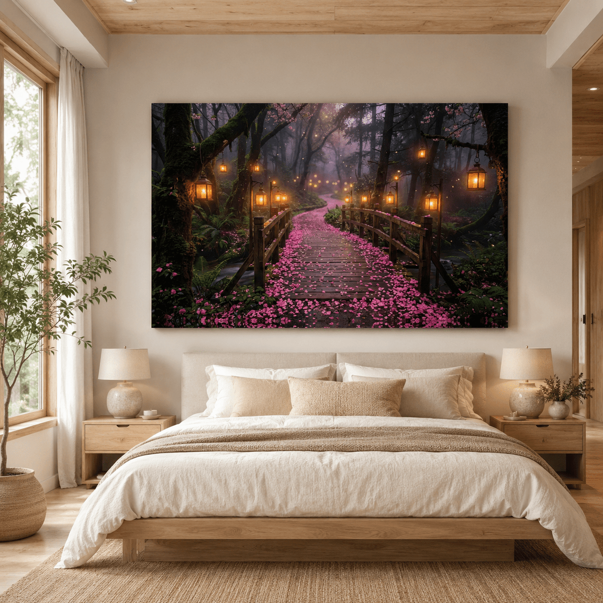 Enchanted Forest Lantern Path Canvas Wall Art – Romantic Woodland Bridge & Magical Nature Decor - ART OF ROYALS