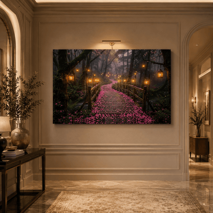 Enchanted Forest Lantern Path Canvas Wall Art – Romantic Woodland Bridge & Magical Nature Decor - ART OF ROYALS