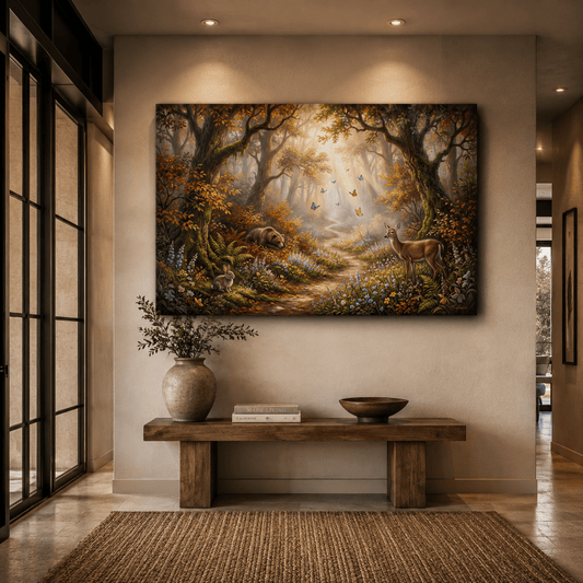 Enchanted Forest Path Magical Wildlife Autumn Canvas Wall Art – Whimsical Woodland Nature Decor - ART OF ROYALS