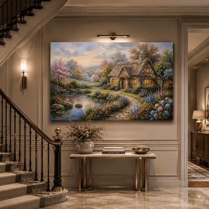 Enchanted Garden Cottage Blooming Spring Countryside Canvas Wall Art – Cottagecore Floral Decor - ART OF ROYALS
