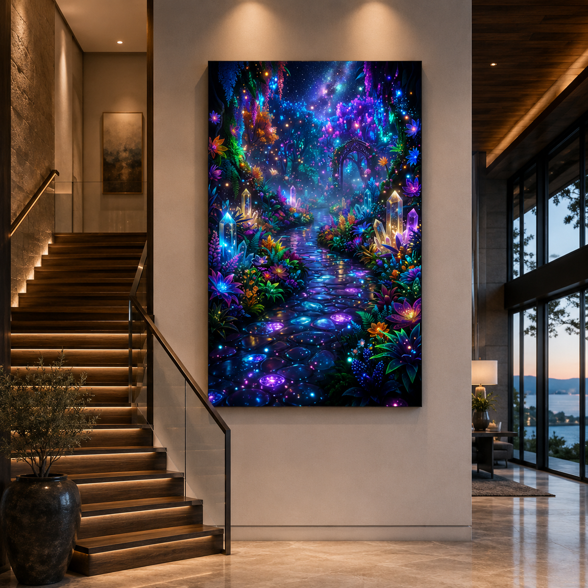Enchanted Neon Garden Path Canvas Wall Art – Magical Fantasy Dreamscape & Glowing Floral Artwork - ART OF ROYALS
