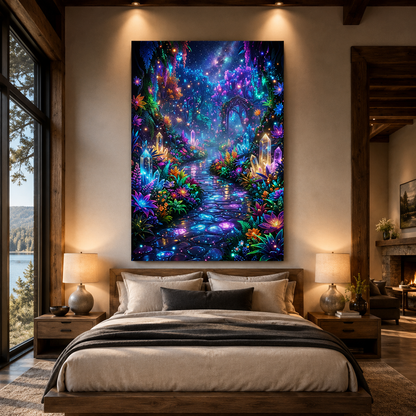 Enchanted Neon Garden Path Canvas Wall Art – Magical Fantasy Dreamscape & Glowing Floral Artwork - ART OF ROYALS