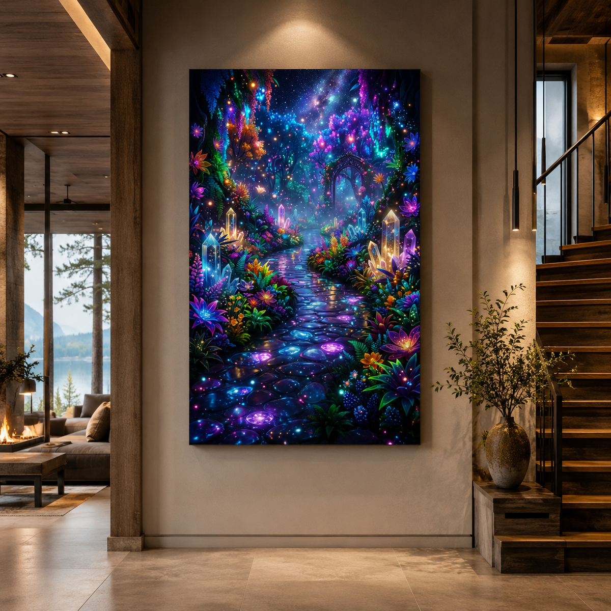 Enchanted Neon Garden Path Canvas Wall Art – Magical Fantasy Dreamscape & Glowing Floral Artwork - ART OF ROYALS