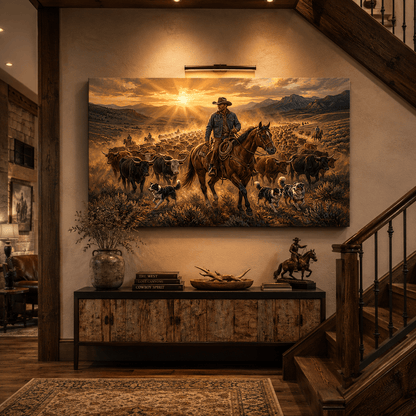 Epic Western Ranch Cowboy Canvas Wall Art – Cattle Drive & Mountain Landscape Decor - ART OF ROYALS
