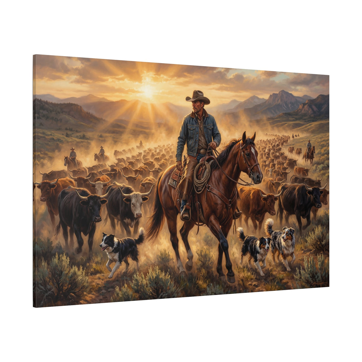 Epic Western Ranch Cowboy Canvas Wall Art – Cattle Drive & Mountain Landscape Decor - ART OF ROYALS