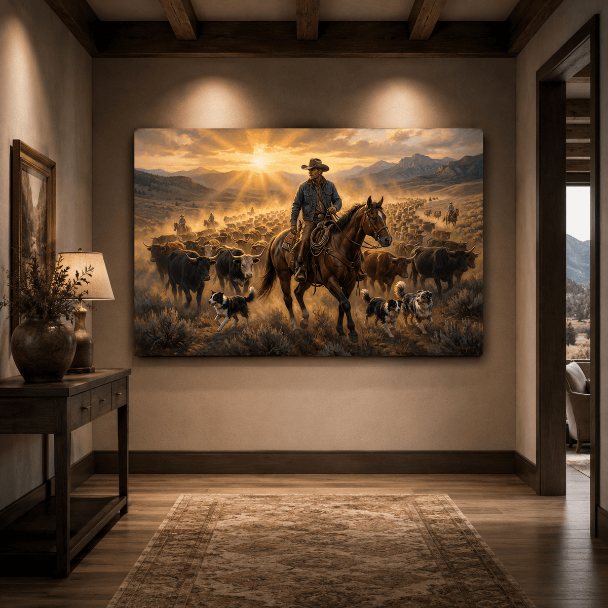 Epic Western Ranch Cowboy Canvas Wall Art – Cattle Drive & Mountain Landscape Decor - ART OF ROYALS