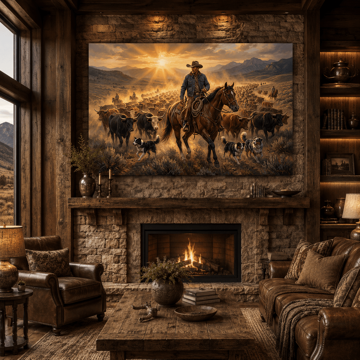 Epic Western Ranch Cowboy Canvas Wall Art – Cattle Drive & Mountain Landscape Decor - ART OF ROYALS