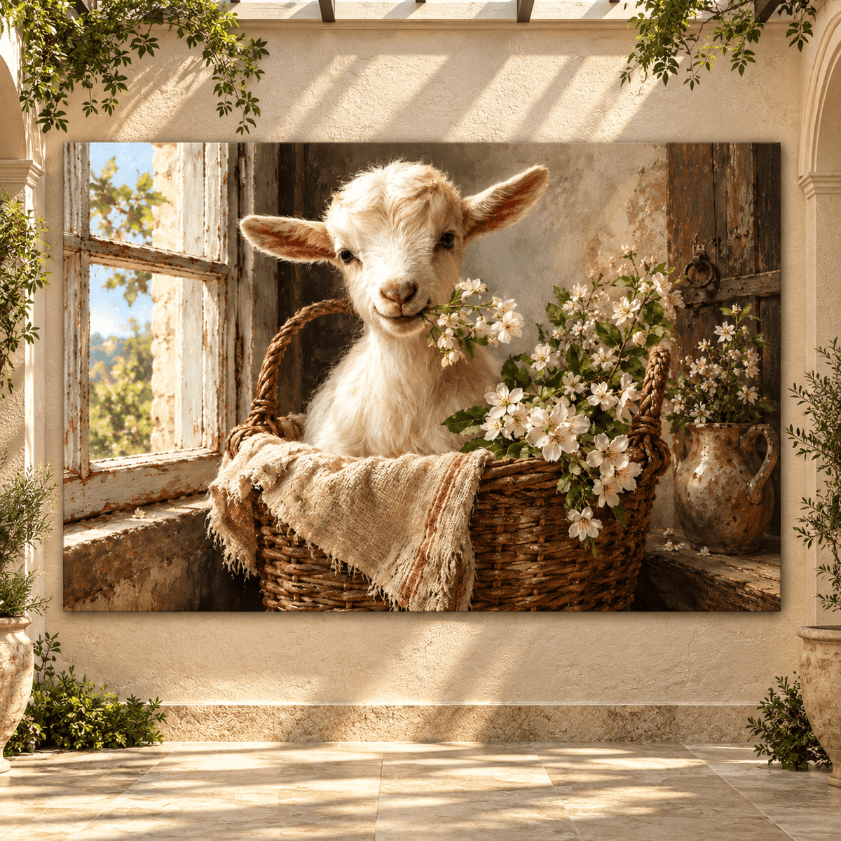 Baby Goat in Basket with White Blossoms Wrapped Canvas Wall Art – Rustic Farmhouse Nursery Decor - ART OF ROYALS