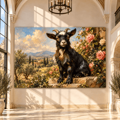 Black Goat in Tuscan Rose Garden Wrapped Canvas Wall Art – Rustic Mediterranean Farm Animal Painting