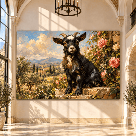 Black Goat in Tuscan Rose Garden Wrapped Canvas Wall Art – Rustic Mediterranean Farm Animal Painting - ART OF ROYALS