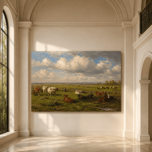 Cattle Herd in Open Pasture Wrapped Canvas Wall Art – Vintage Farm Landscape Cow Print - ART OF ROYALS