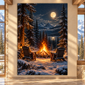 Winter Campfire Under Full Moon Wrapped Canvas Wall Art – Cozy Mountain Cabin Landscape Print