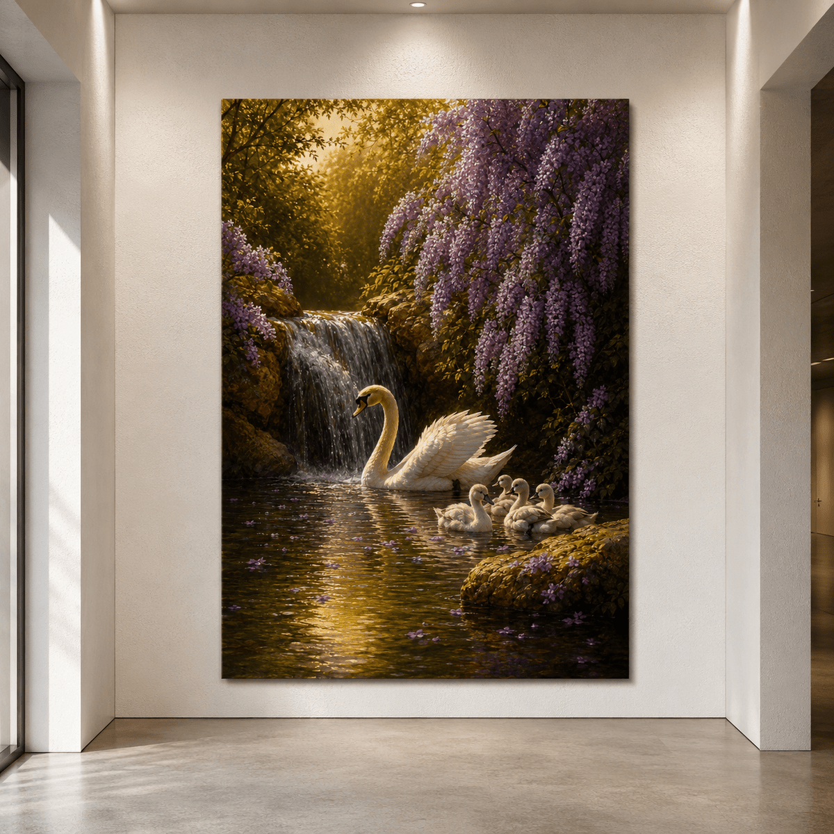 White Swan Family Waterfall Wrapped Canvas Wall Art – Purple Wisteria Pond Nature Print - ART OF ROYALS