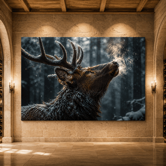 Majestic Elk in Snowy Forest Wrapped Canvas Wall Art – Winter Stag Wildlife Print - ART OF ROYALS