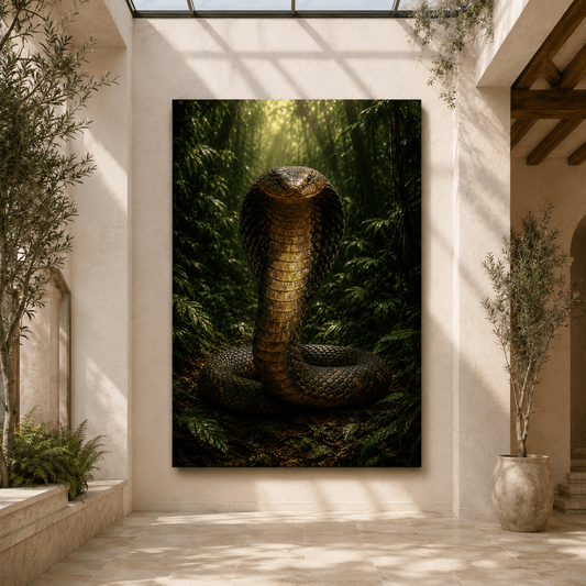 King Cobra in Tropical Rainforest Wrapped Canvas Wall Art – Powerful Hooded Snake Wildlife Print - ART OF ROYALS