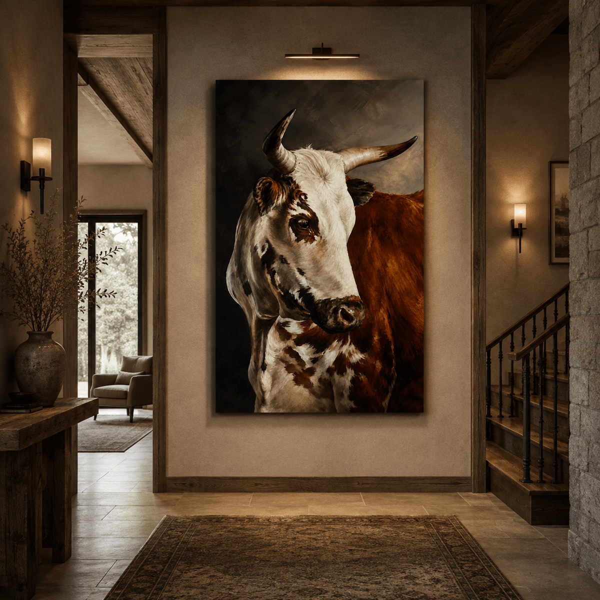 Brown and White Longhorn Cow Portrait Wrapped Canvas Wall Art – Rustic Western Cattle Painting - ART OF ROYALS