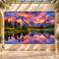 Grand Teton Mountain Sunset Wrapped Canvas Wall Art – Pink Sky & Reflective Alpine Lake Landscape
