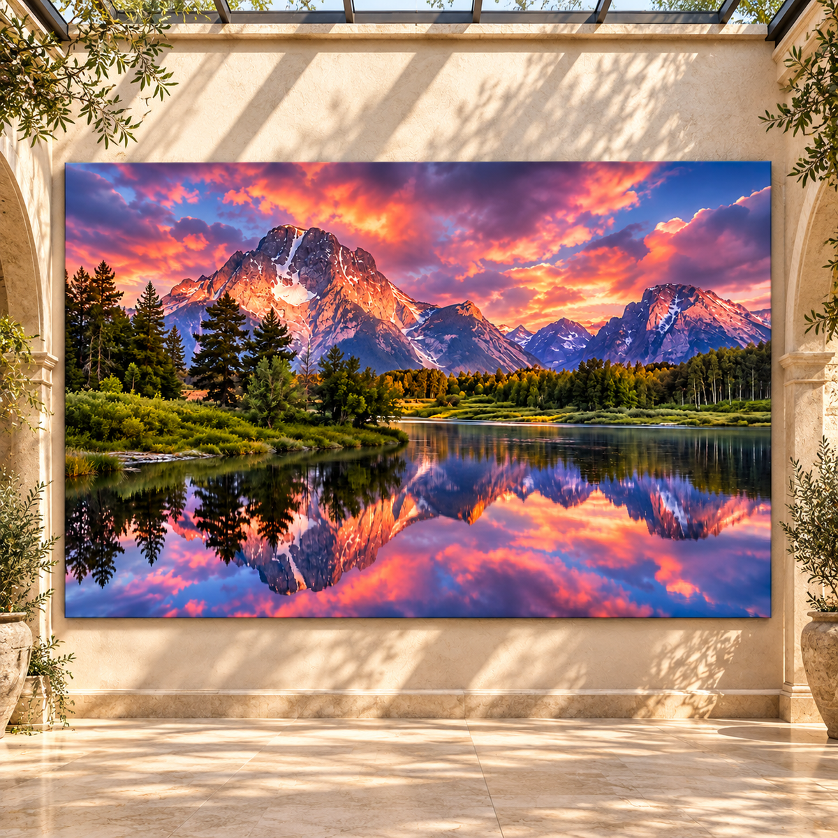Grand Teton Mountain Sunset Wrapped Canvas Wall Art – Pink Sky & Reflective Alpine Lake Landscape