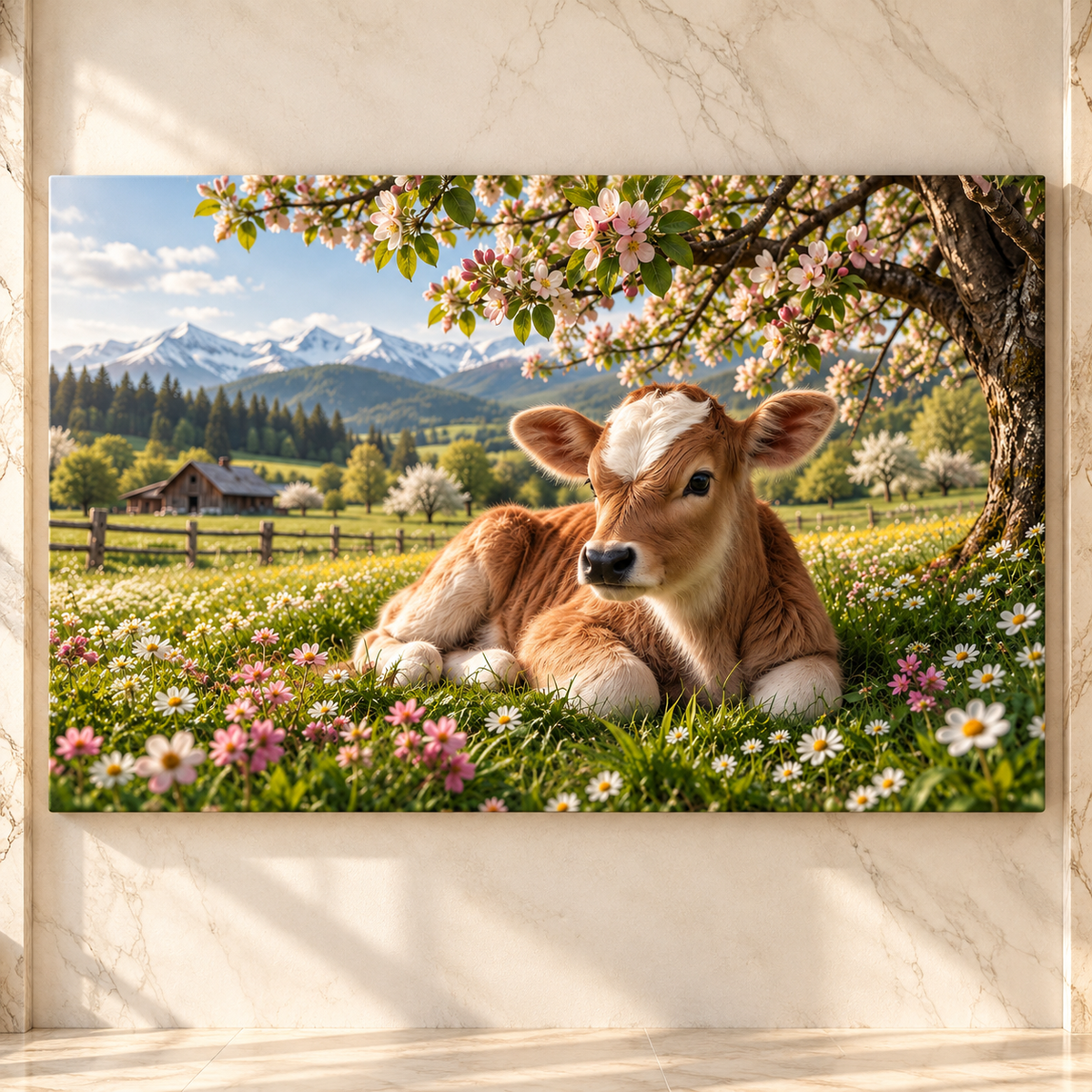 Baby Calf Resting Beneath Apple Blossoms Wrapped Canvas Wall Art – Spring Farmhouse Cow Print
