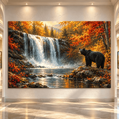 Black Bear by Waterfall Canvas Wall Art – Autumn Forest Wildlife Landscape - ART OF ROYALS