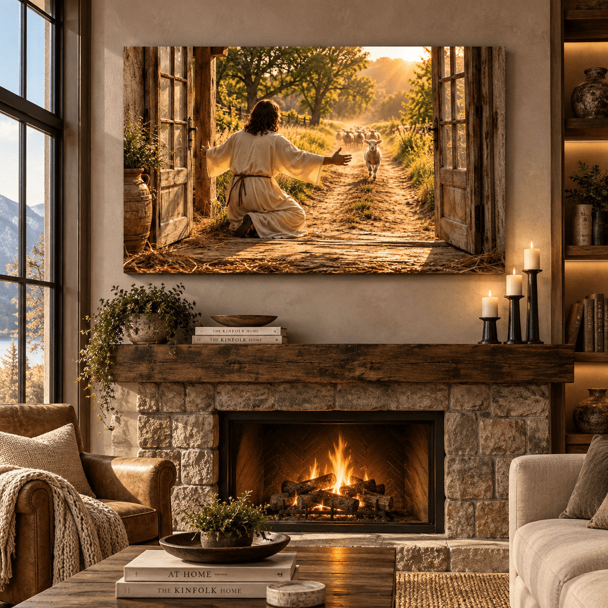 Good Shepherd Welcoming the Lost Lamb Wrapped Canvas Wall Art – Biblical Christian Farmhouse Scene - ART OF ROYALS