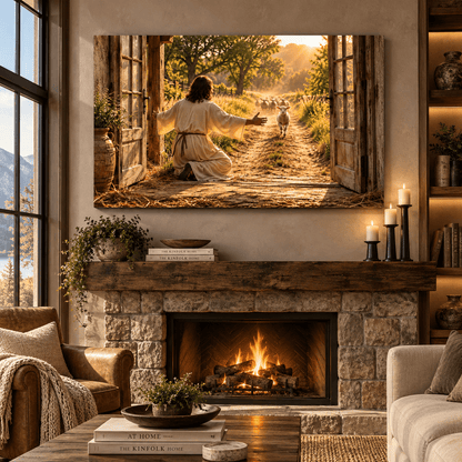 Good Shepherd Welcoming the Lost Lamb Wrapped Canvas Wall Art – Biblical Christian Farmhouse Scene - ART OF ROYALS