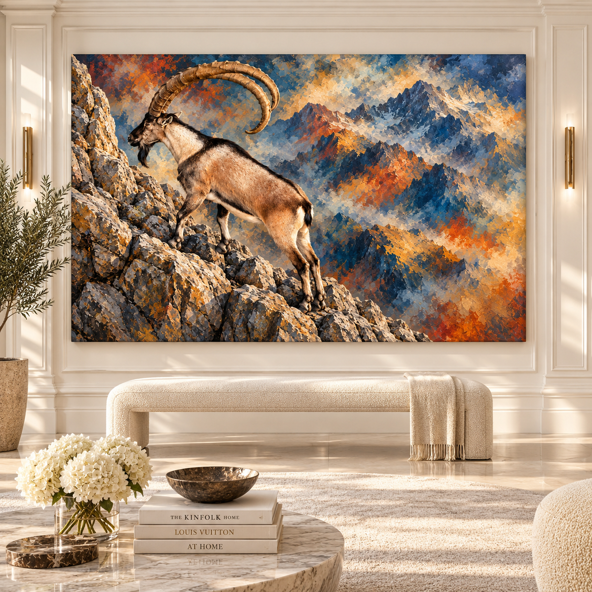 Alpine Ibex Mountain Wrapped Canvas Wall Art – Majestic Wild Goat Painting