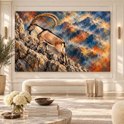 Alpine Ibex Mountain Wrapped Canvas Wall Art – Majestic Wild Goat Painting