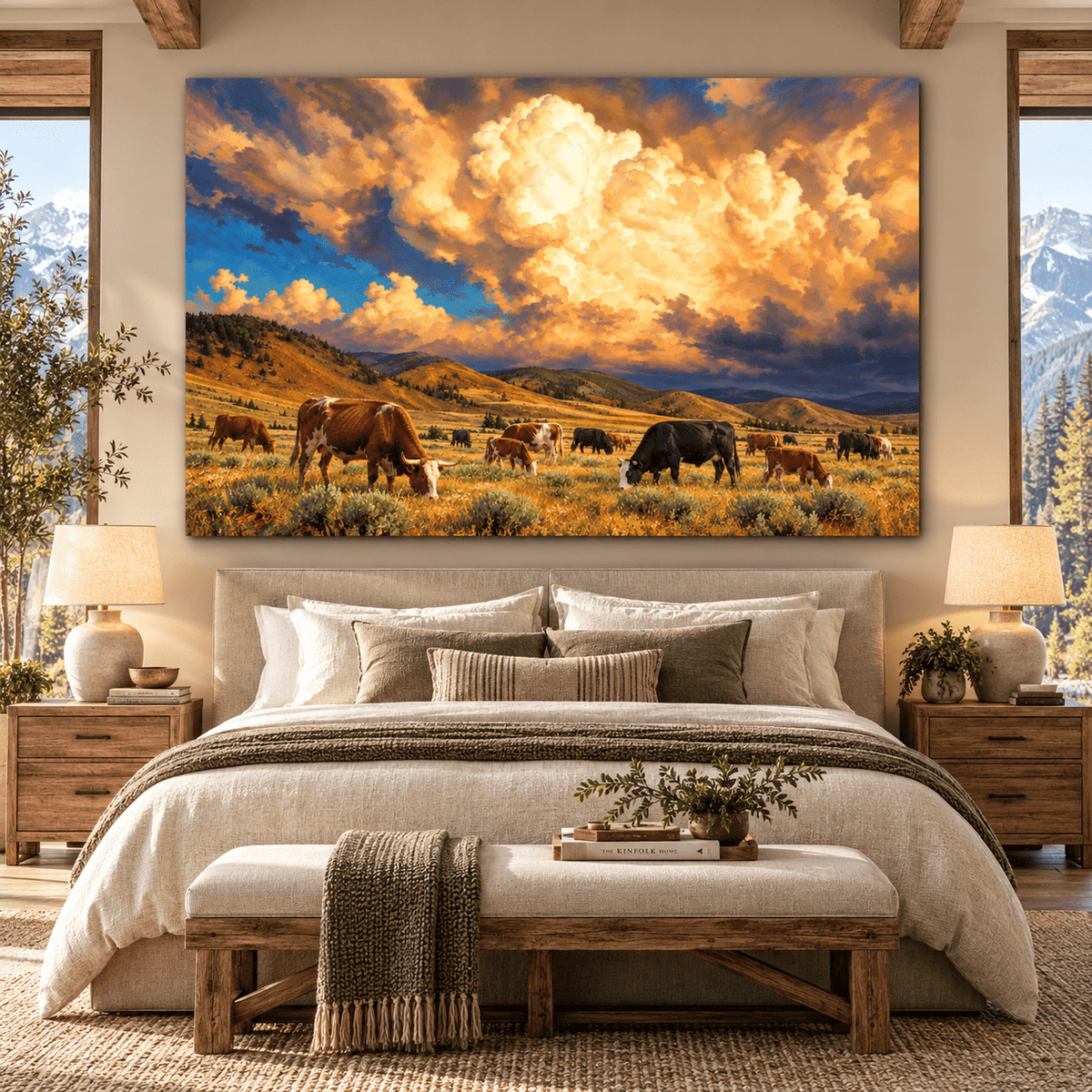 Grazing Cattle Under Golden Storm Clouds Wrapped Canvas Wall Art – Western Ranch Pasture Landscape - ART OF ROYALS