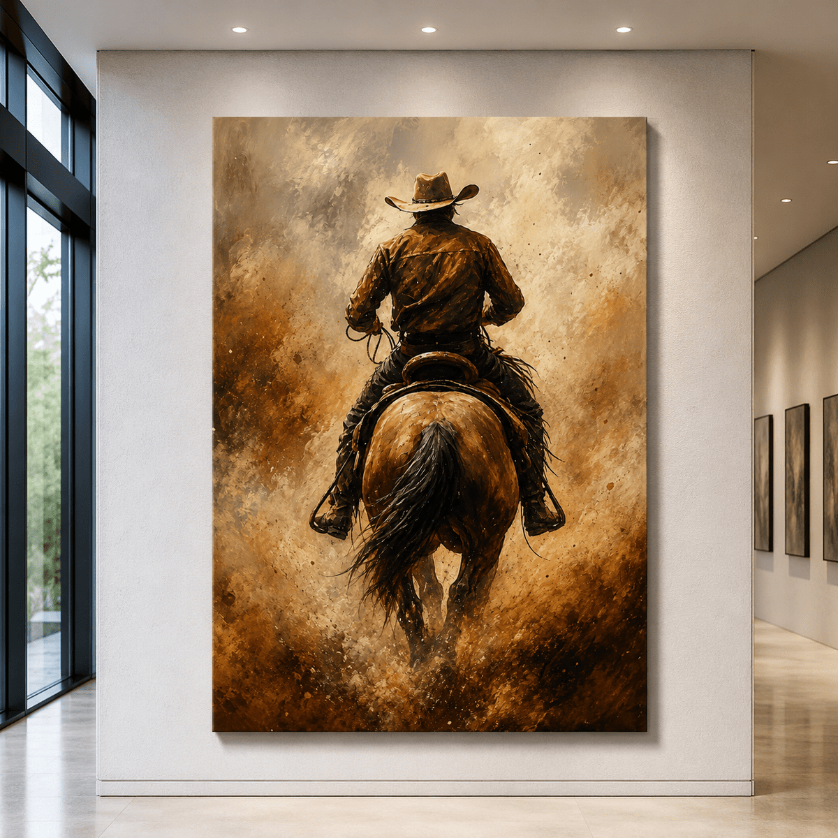 Lone Cowboy Riding Through Dust Wrapped Canvas Wall Art – Rustic Western Horse Painting - ART OF ROYALS