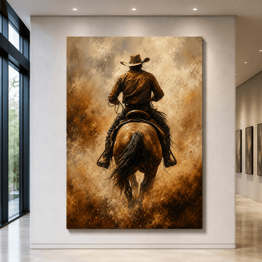 Lone Cowboy Riding Through Dust Wrapped Canvas Wall Art – Rustic Western Horse Painting - ART OF ROYALS