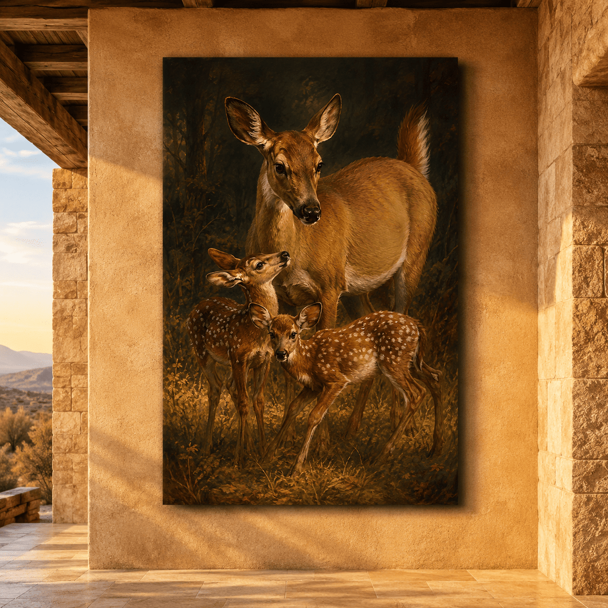 Whitetail Doe with Twin Fawns Wrapped Canvas Wall Art – Mother Deer & Baby Woodland Wildlife Print - ART OF ROYALS