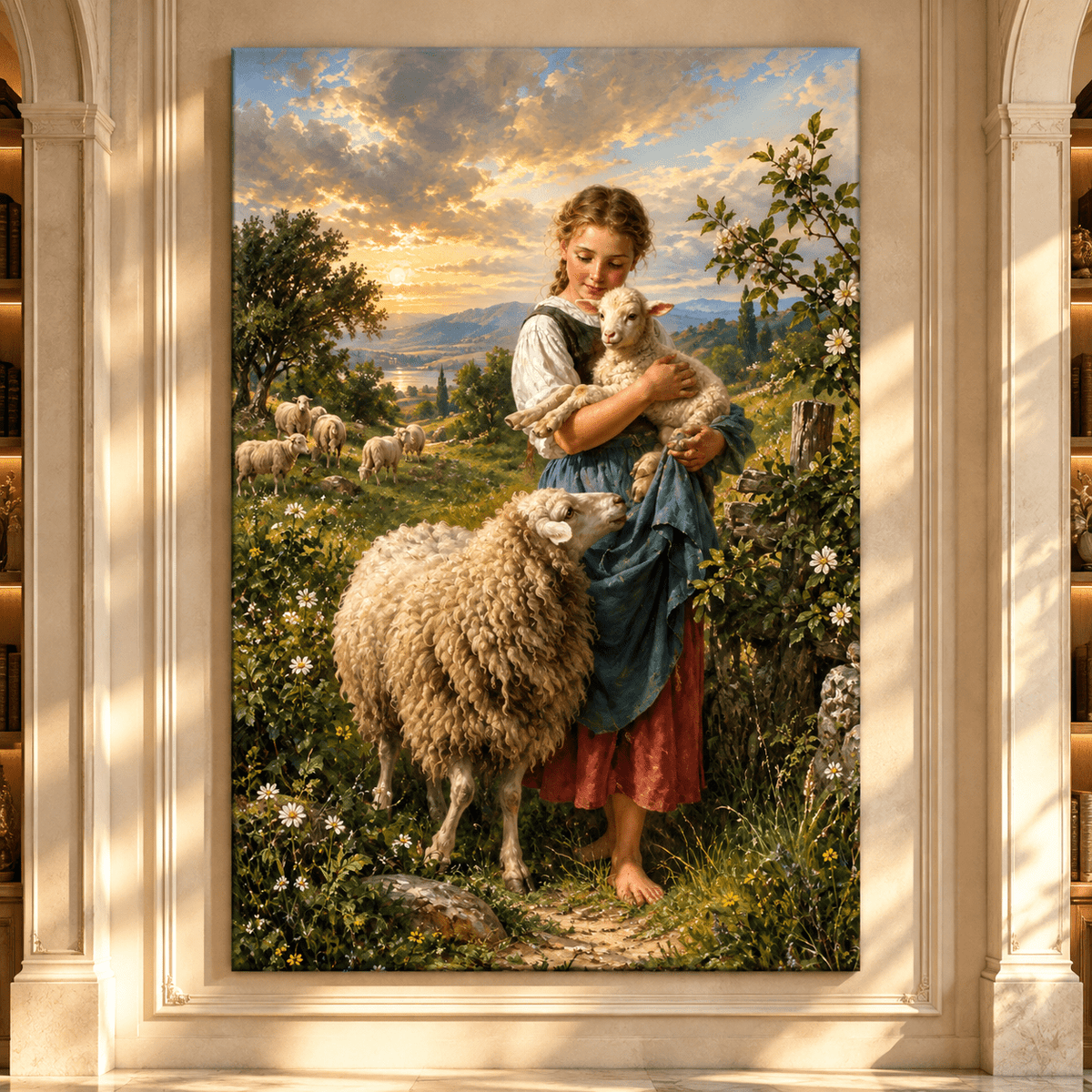 Shepherd Girl Holding Lamb Wrapped Canvas Wall Art – Pastoral Sheep & Countryside Painting - ART OF ROYALS
