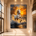 White Horse Running Through Ocean Waves Wrapped Canvas Wall Art – Sunset Equine Coastal Print
