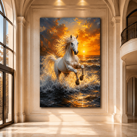 White Horse Running Through Ocean Waves Wrapped Canvas Wall Art – Sunset Equine Coastal Print - ART OF ROYALS