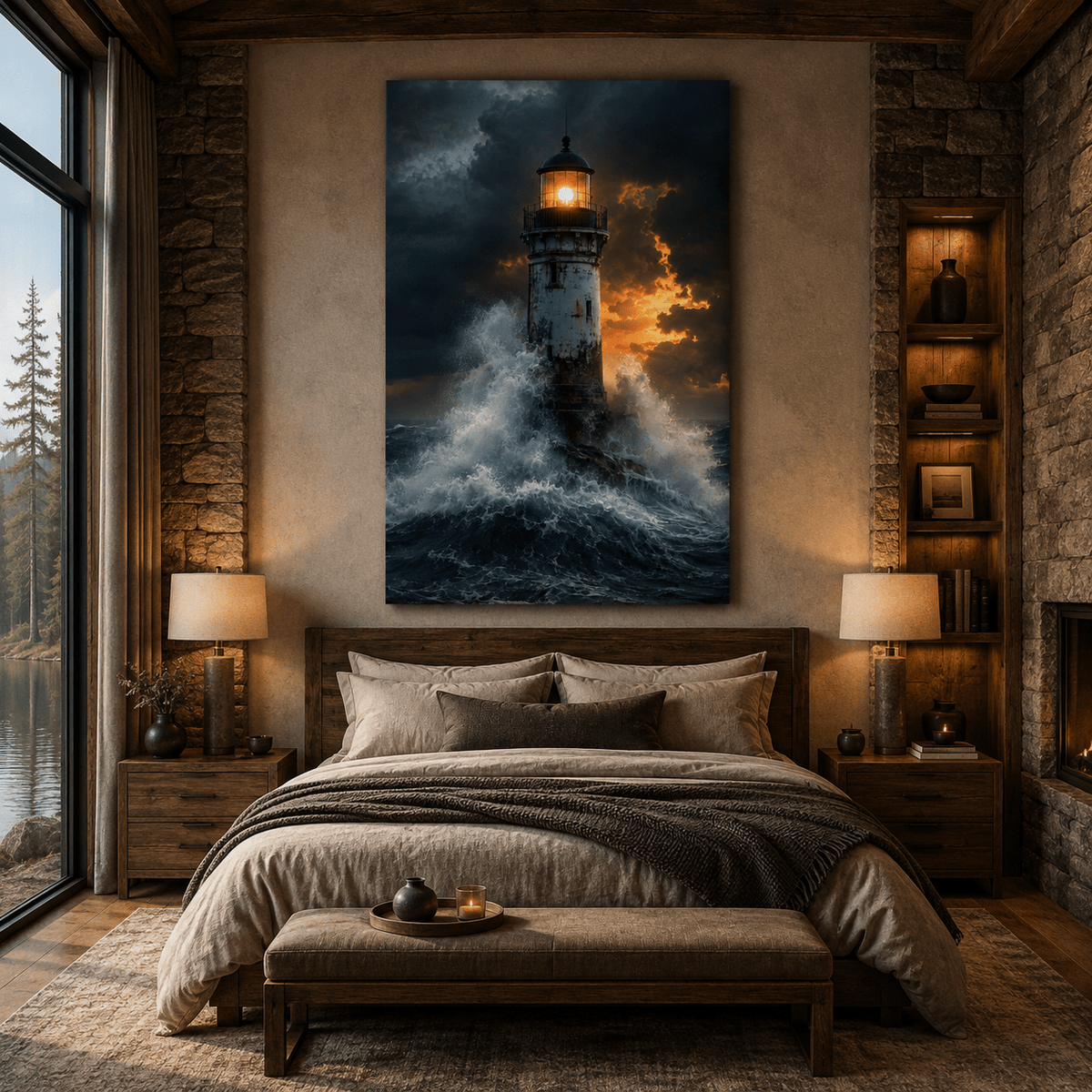 Stormy Lighthouse Wrapped Canvas Wall Art – Ocean Waves & Glowing Beacon Coastal Print - ART OF ROYALS