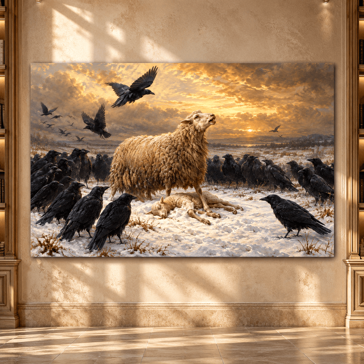 Protective Ewe & Lamb with Ravens in Snow Wrapped Canvas Wall Art – Dramatic Winter Farm Animal Painting - ART OF ROYALS