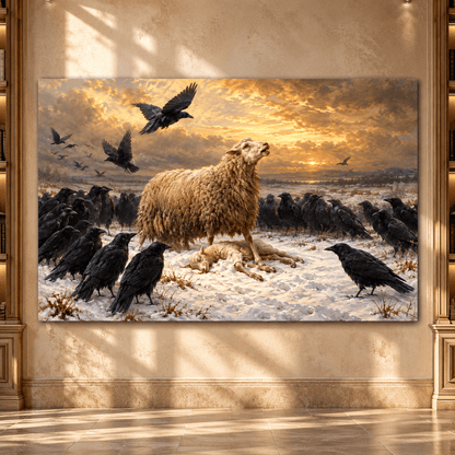 Protective Ewe & Lamb with Ravens in Snow Wrapped Canvas Wall Art – Dramatic Winter Farm Animal Painting - ART OF ROYALS