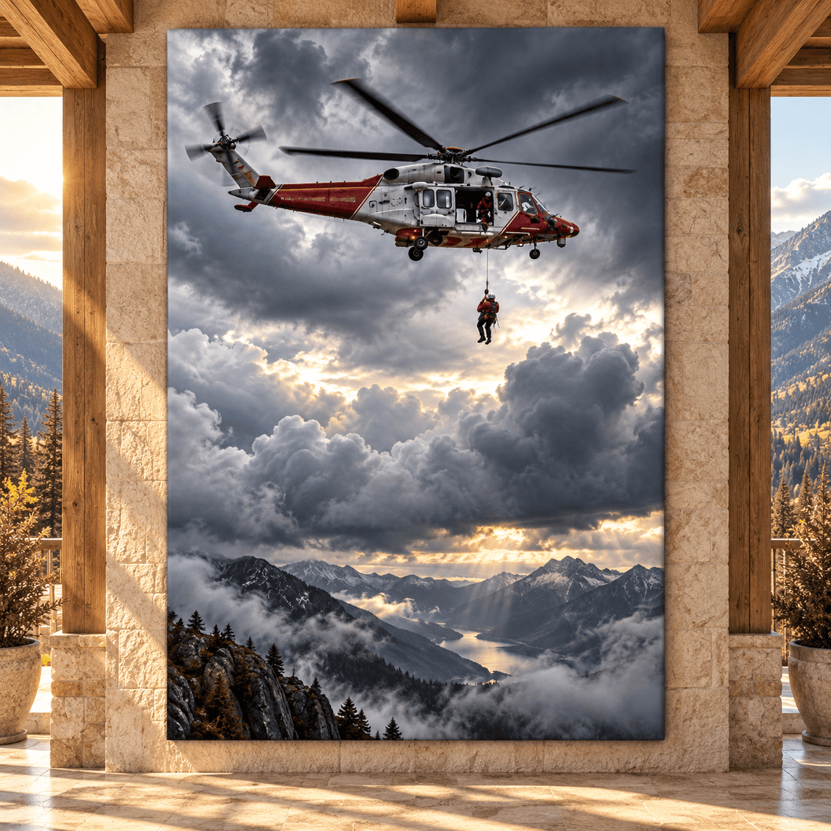 Mountain Rescue Helicopter Wrapped Canvas Wall Art – Dramatic Search & Rescue Aviation Print - ART OF ROYALS