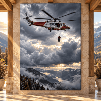 Mountain Rescue Helicopter Wrapped Canvas Wall Art – Dramatic Search & Rescue Aviation Print - ART OF ROYALS