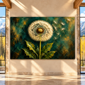 Dandelion Seeds in the Wind Wrapped Canvas Wall Art – Emerald Green & Gold Botanical Painting