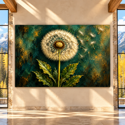 Dandelion Seeds in the Wind Wrapped Canvas Wall Art – Emerald Green & Gold Botanical Painting
