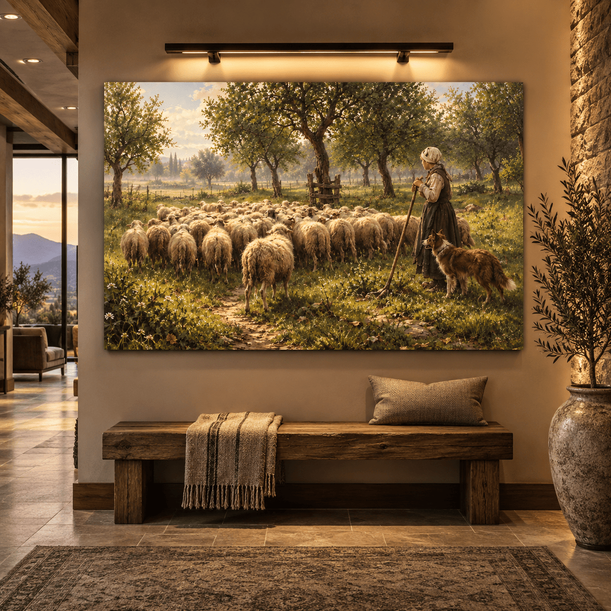 Shepherdess with Sheep & Sheepdog Wrapped Canvas Wall Art – Pastoral Farm Countryside Painting - ART OF ROYALS
