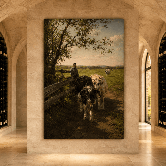Vintage Cattle Pasture Wrapped Canvas Wall Art – Rustic Farm Cow & Herder Landscape Print - ART OF ROYALS