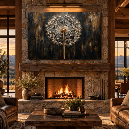 Golden Dandelion Seed Head Wrapped Canvas Wall Art – Black & Gold Botanical Abstract Print