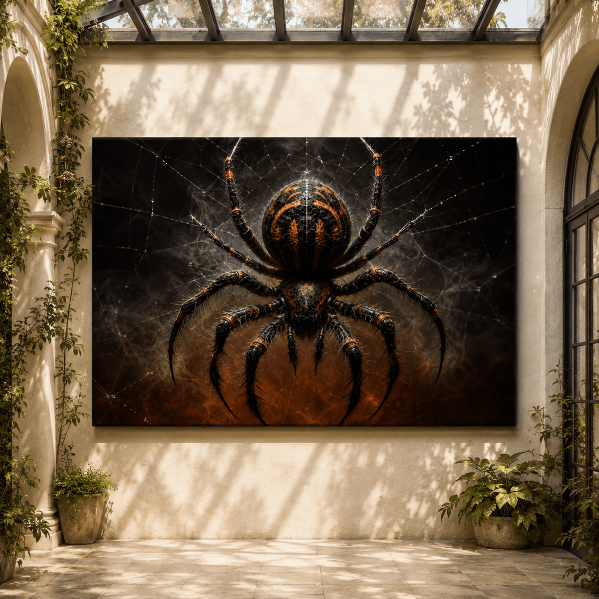Black Spider Web Wrapped Canvas Wall Art – Orange Gothic Arachnid Print - ART OF ROYALS