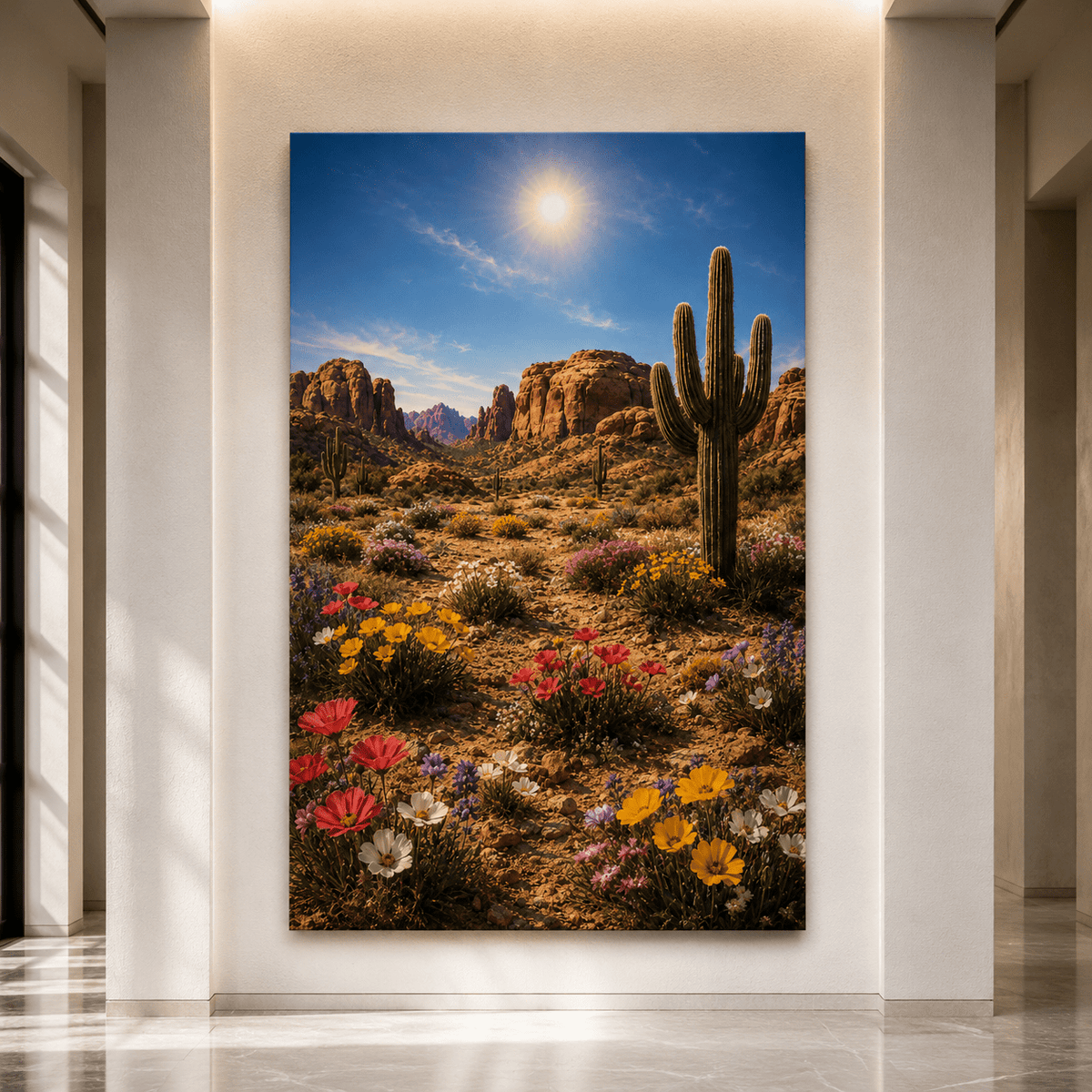 Desert Cactus and Wildflowers Wrapped Canvas Wall Art – Colorful Southwestern Landscape Print - ART OF ROYALS