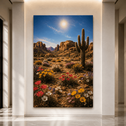 Desert Cactus and Wildflowers Wrapped Canvas Wall Art – Colorful Southwestern Landscape Print - ART OF ROYALS
