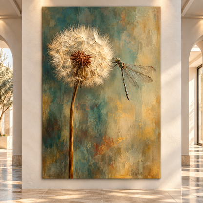 Dandelion & Dragonfly Wrapped Canvas Wall Art – Teal and Gold Botanical Nature Painting