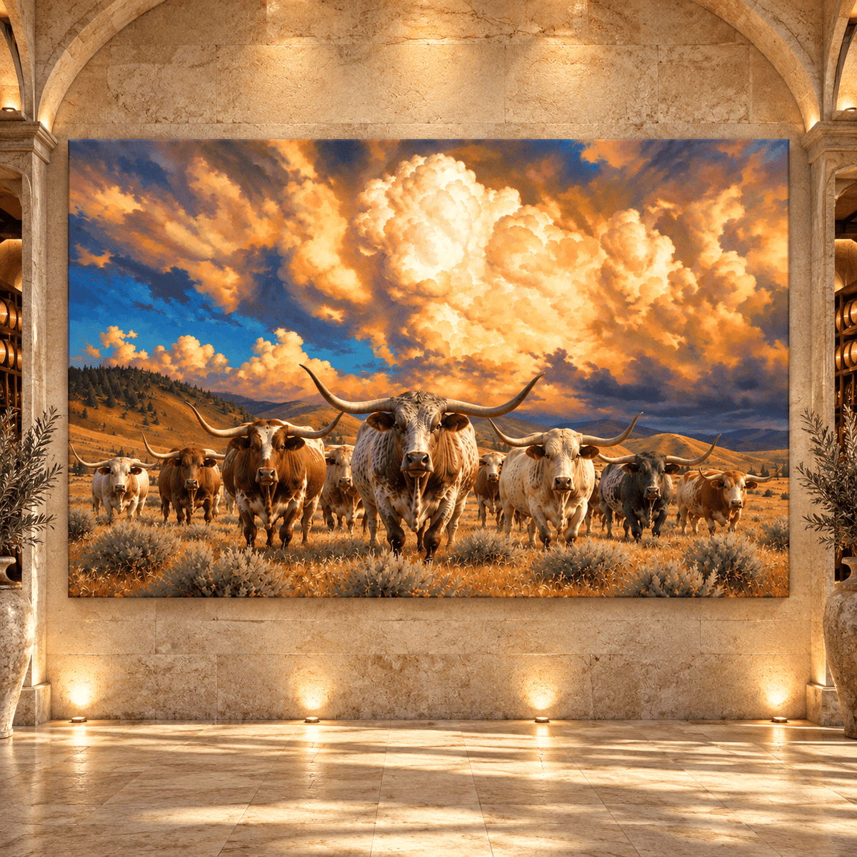 Texas Longhorn Cattle Herd Under Golden Storm Clouds Wrapped Canvas Wall Art – Western Ranch Landscape - ART OF ROYALS
